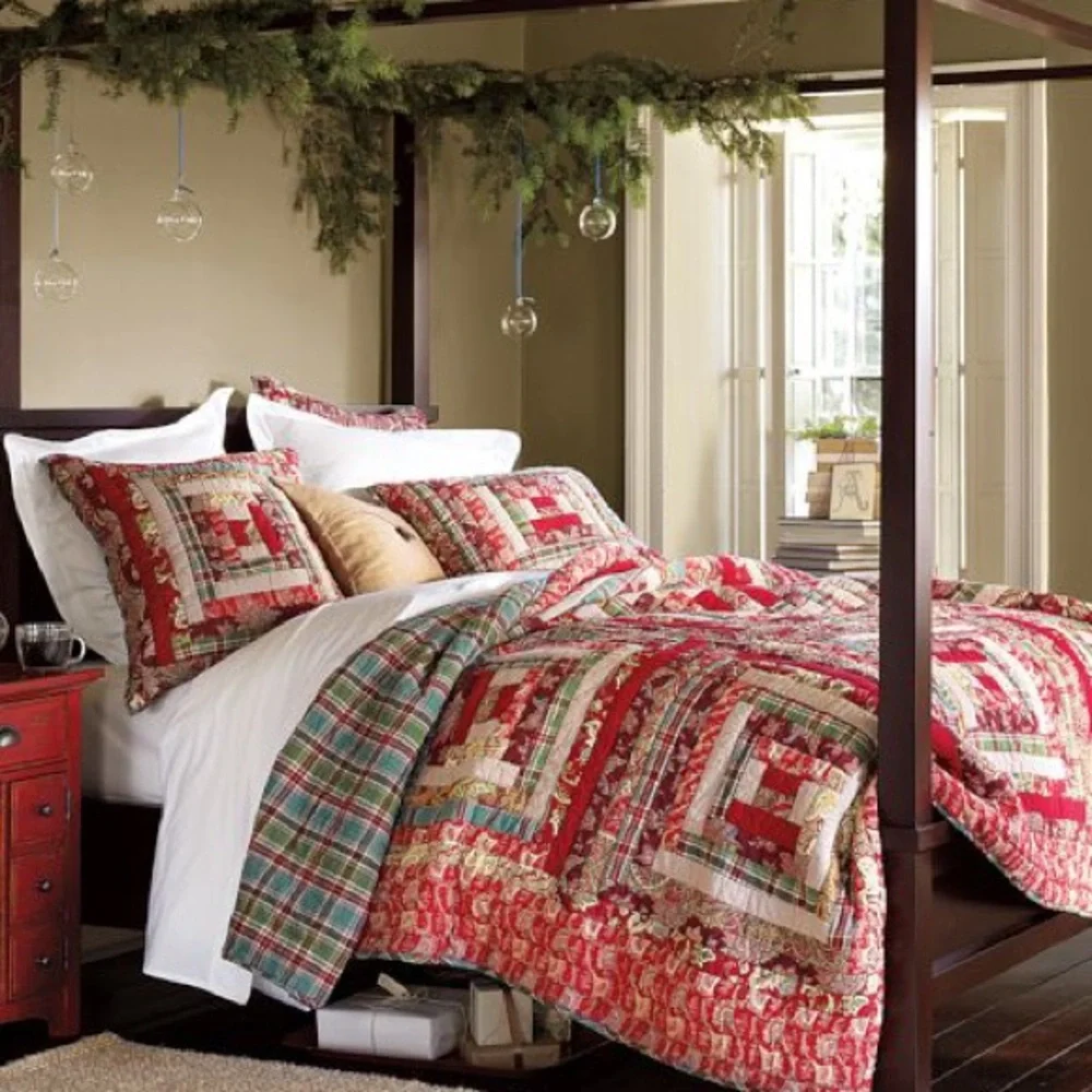 RARE Pottery Barn Vintage Log Cabin Christmas Patchwork Quilt Set- F/Q Multi